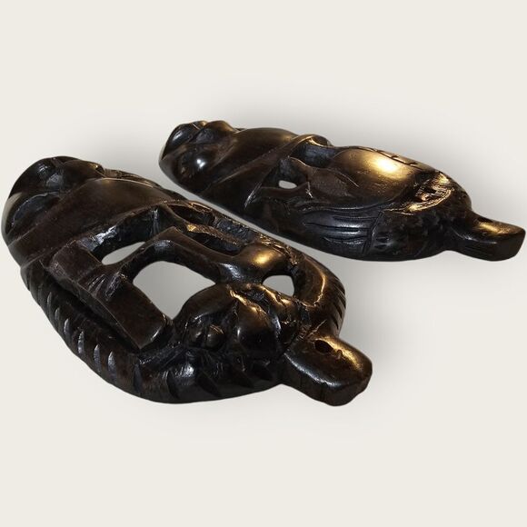 Set of 2 Dark Brown Carved Wood African Tribal Masks Elephant Working Man - Picture 2 of 7